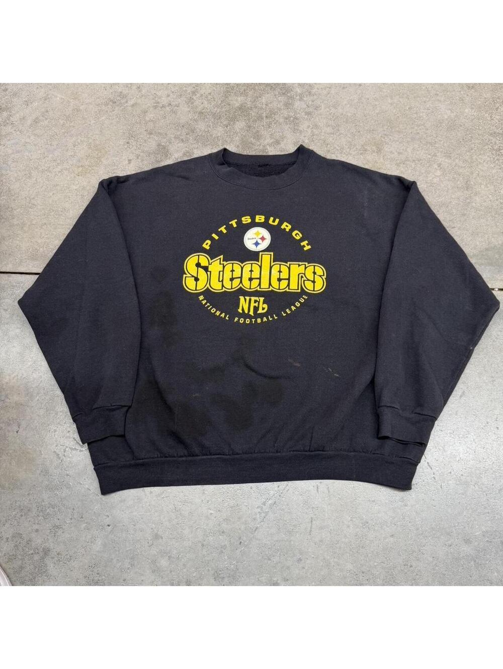 vintage pittsburgh steelers faded black spell out crewneck size xl HAS STAINS